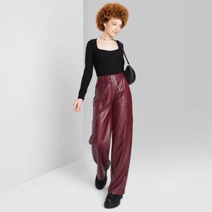 Women's High-Rise Straight Leg Faux Leather Cargo Pants - Wild Fable Burgun
